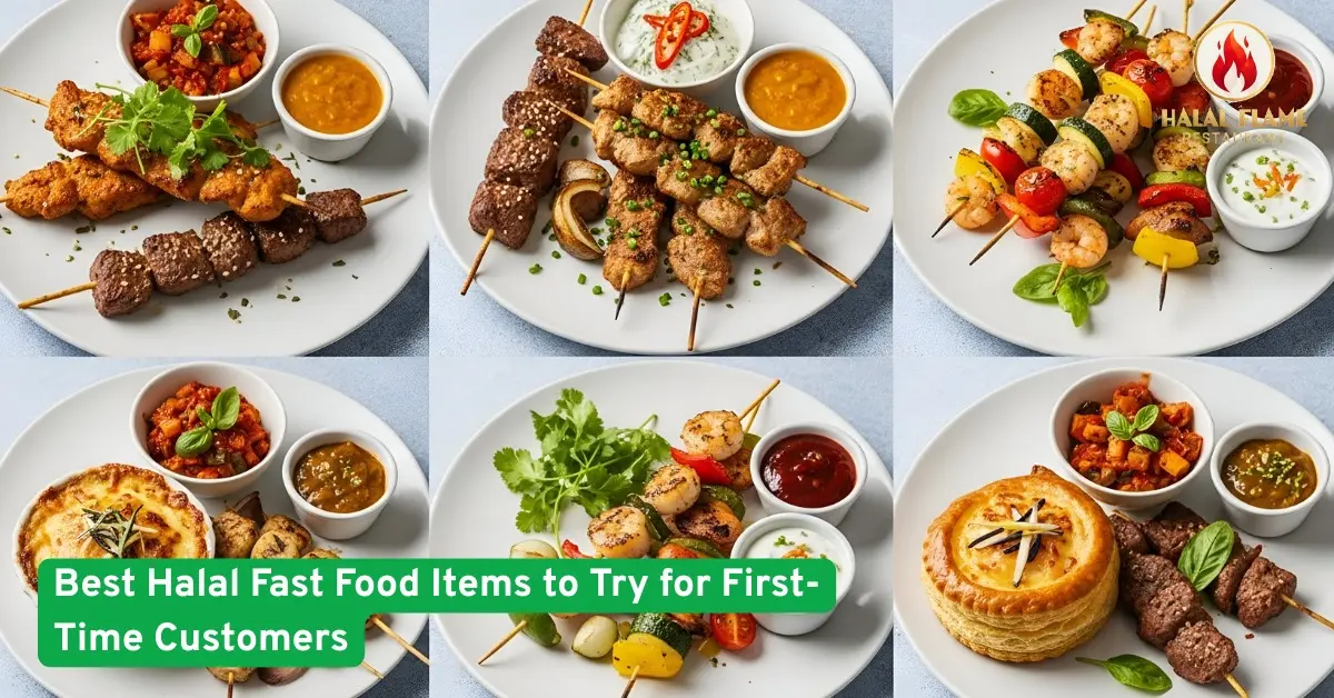 Assorted halal fast food platter with kebabs, skewers, grilled chicken, sauces, and sides served on white plates for new customers