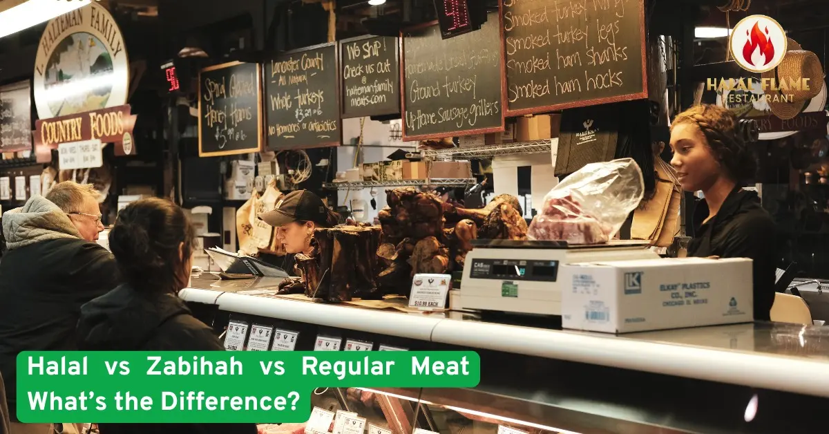 Market counter displaying different meat options, explaining halal, zabihah, and regular meat differences for ethical and religious choices.