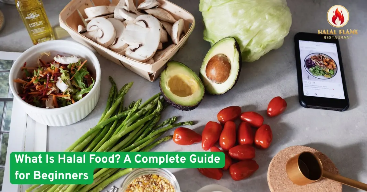 Fresh halal food ingredients including vegetables mushrooms avocado salad and grains arranged neatly to show healthy halal meals